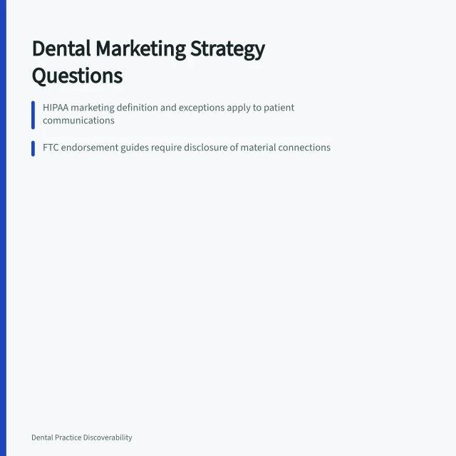 Card summarizing dental marketing strategy questions on HIPAA, FTC, and evaluation. 4 things to understand about dental marketing strategy questions