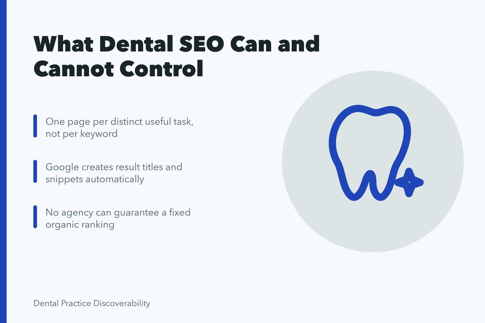 Card summarizing dental SEO limits: titles, snippets, and page purpose. Does a meta tag actually change how a dental result appears in search?