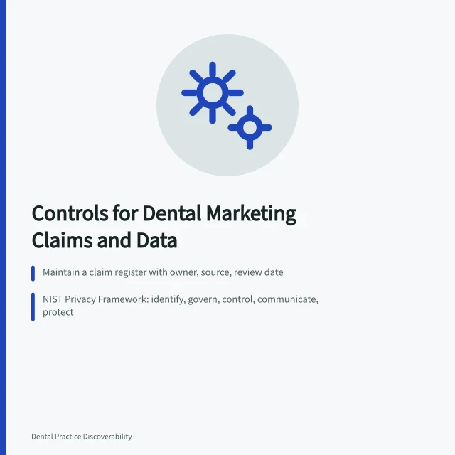 Card summarizing dental marketing controls for claims, privacy, and security. Dental marketing strategy best practices that survive contact with real work