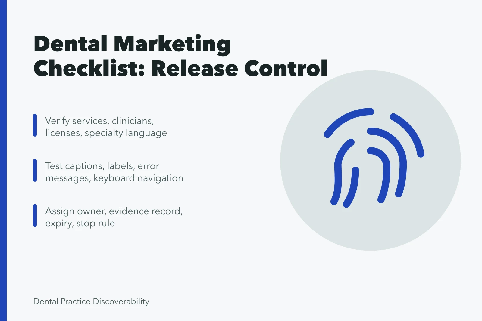 Checklist card for dental marketing release control and verification. The dental marketing strategy checklist that catches what audits miss
