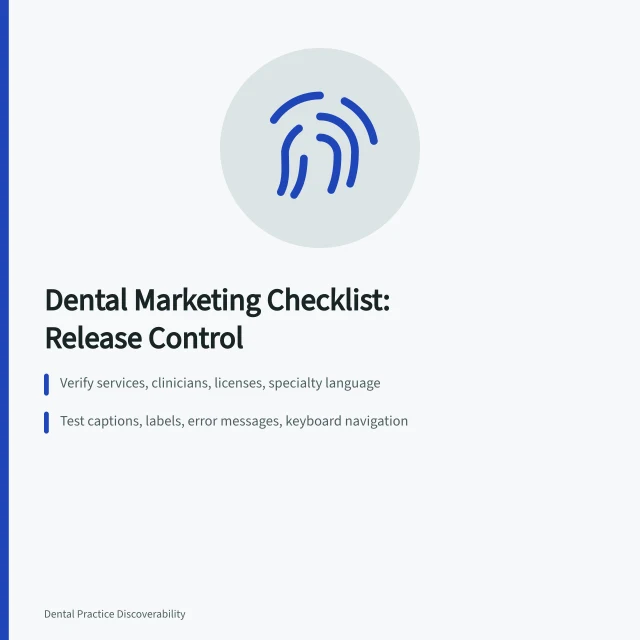 Checklist card for dental marketing release control and verification. The dental marketing strategy checklist that catches what audits miss