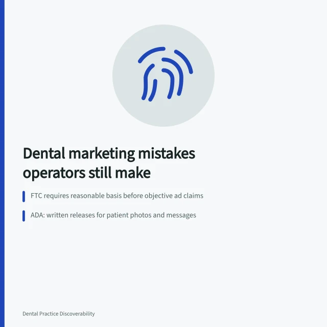 Card listing dental marketing mistakes: claims, consent, and data reliability. Dental marketing strategy mistakes that experienced operators still make