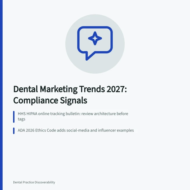 Card summarizing 2027 dental marketing compliance trends and evidence requirements. Notes on dental marketing strategy trends from the field, 2027 edition