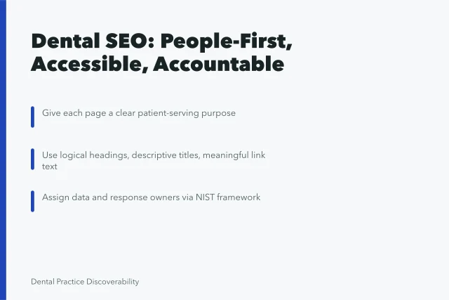Card summarizing dental SEO best practices: purpose, structure, ownership. 3 things to understand about dental SEO best practices
