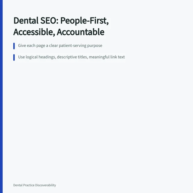 Card summarizing dental SEO best practices: purpose, structure, ownership. 3 things to understand about dental SEO best practices