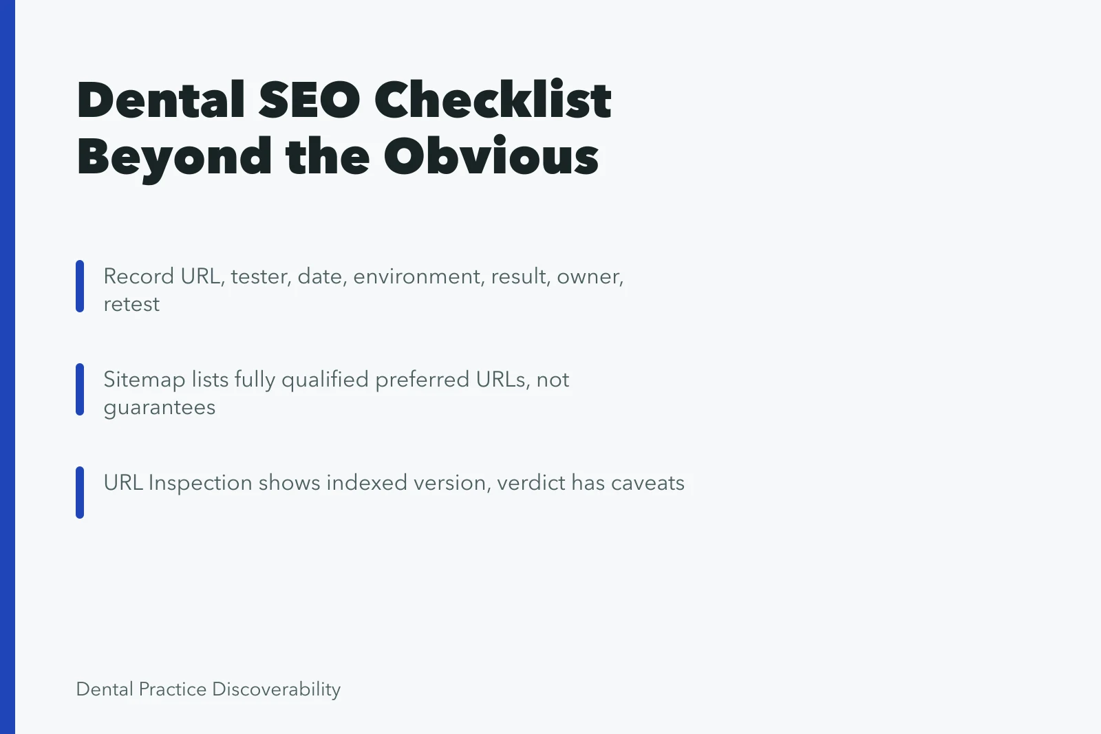 Dental SEO checklist card with testing, sitemap, and URL inspection steps. Dental SEO checklist beyond the obvious as of 2027