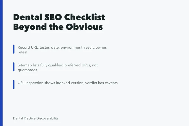 Dental SEO checklist card with testing, sitemap, and URL inspection steps. Dental SEO checklist beyond the obvious as of 2027