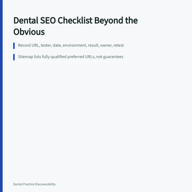 Dental SEO checklist card with testing, sitemap, and URL inspection steps. Dental SEO checklist beyond the obvious as of 2027