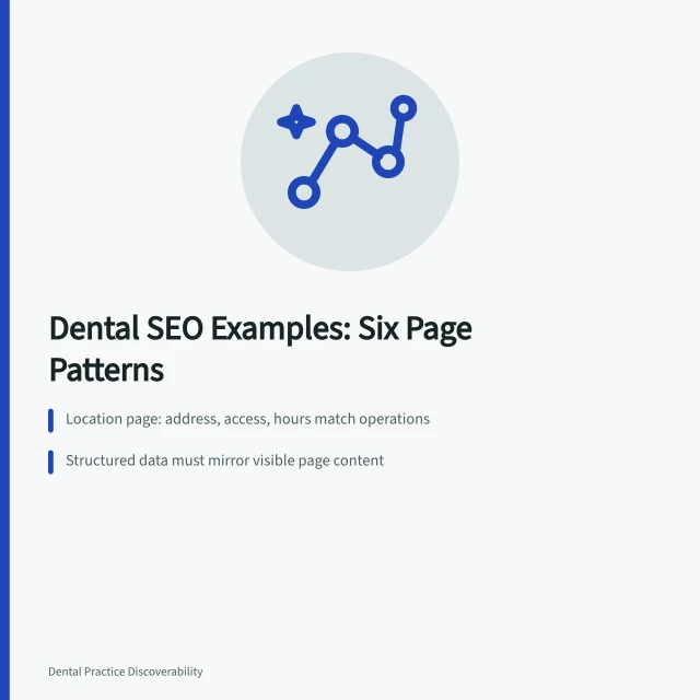 Card listing dental SEO page patterns and structured data checks. Dental SEO examples that teach more than the theory