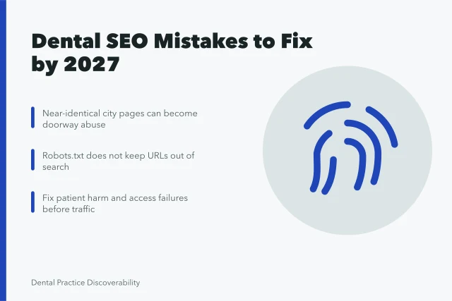 Card listing dental SEO mistakes: doorway pages, robots.txt limits, patient access fixes. What matters most in dental SEO mistakes for 2027