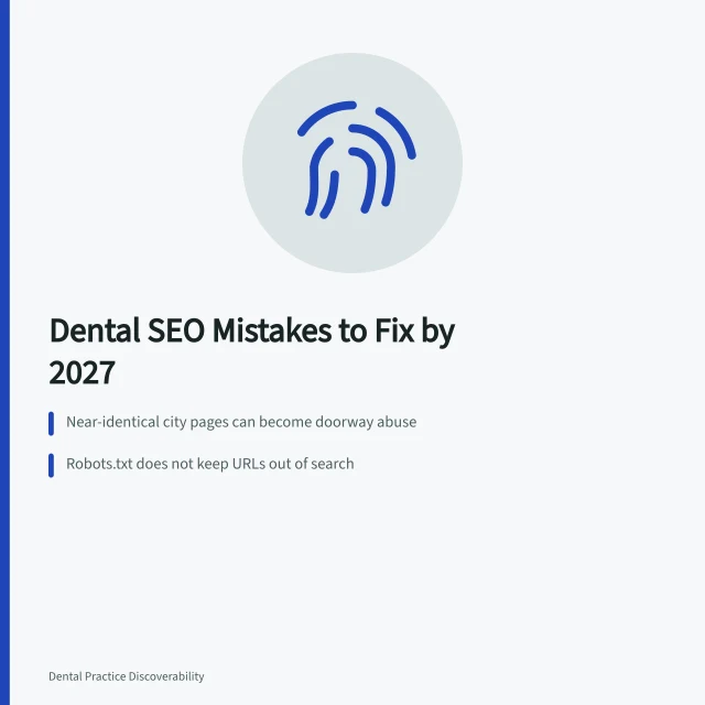 Card listing dental SEO mistakes: doorway pages, robots.txt limits, patient access fixes. What matters most in dental SEO mistakes for 2027