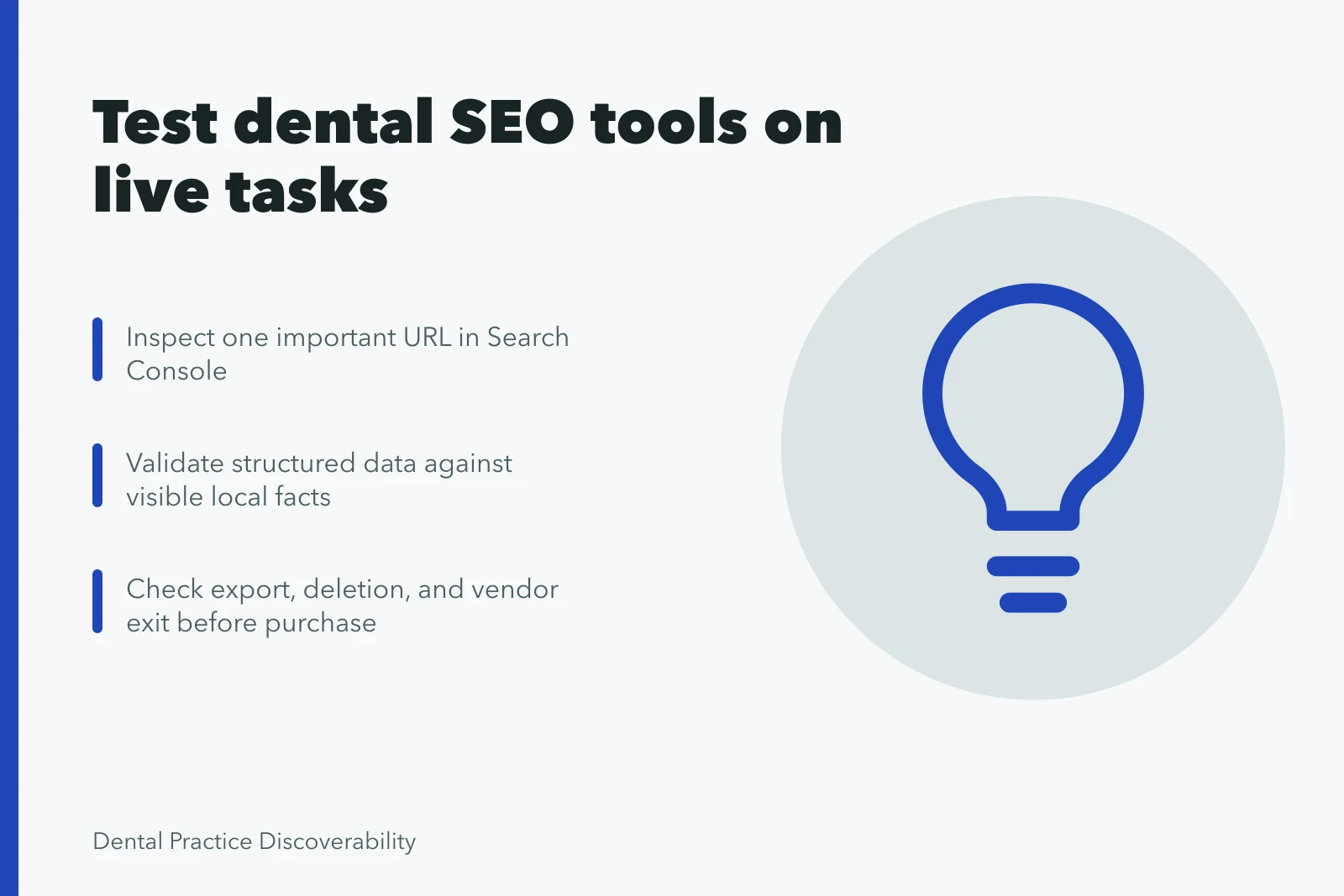 Checklist for testing dental SEO tools on live practice tasks. 4 things about dental SEO tools worth your time