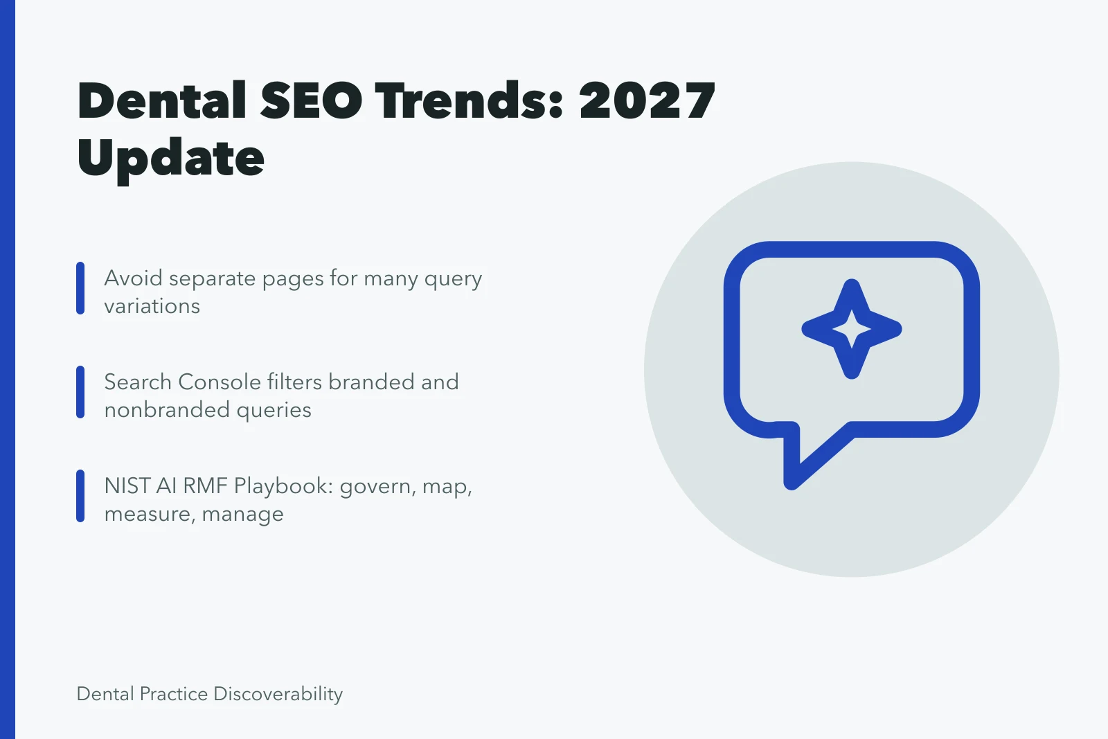 Card summarizing 2027 dental SEO trends, reporting filters, and AI risk guidance. Before you act on dental SEO trends (2027 update)