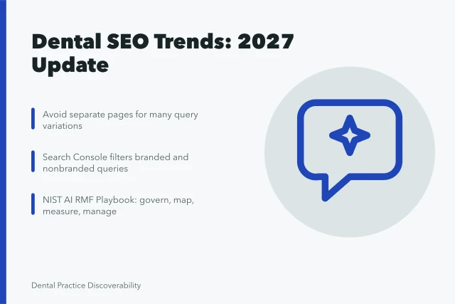 Card summarizing 2027 dental SEO trends, reporting filters, and AI risk guidance. Before you act on dental SEO trends (2027 update)