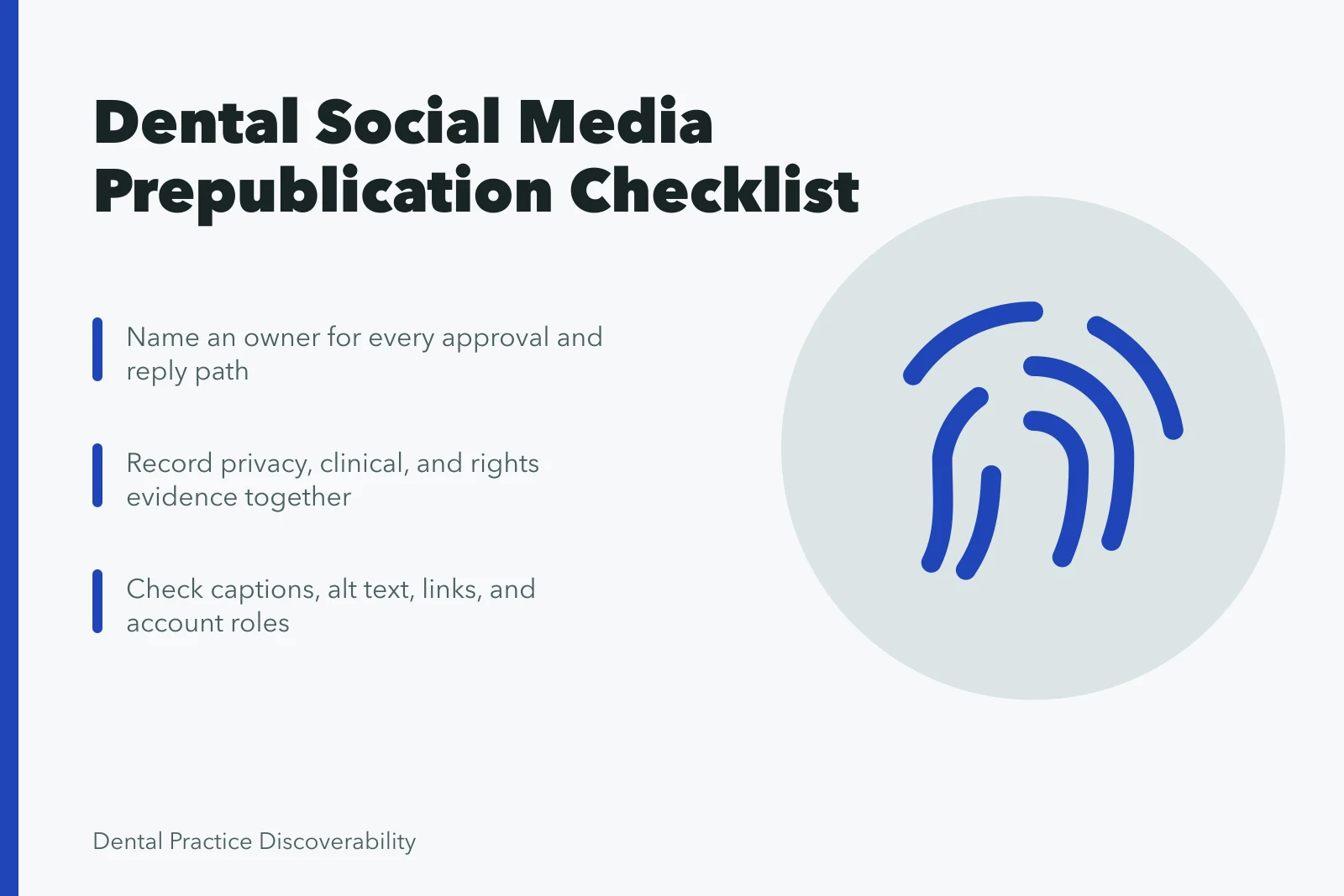 Checklist card for dental social media prepublication review and approval. Dental Social Media Checklist for Prepublication Review
