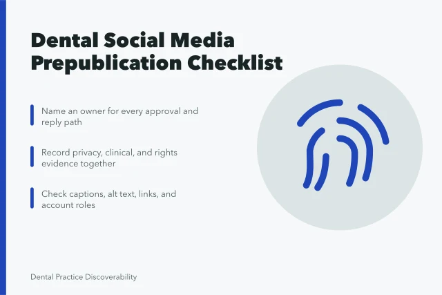 Checklist card for dental social media prepublication review and approval. Dental Social Media Checklist for Prepublication Review