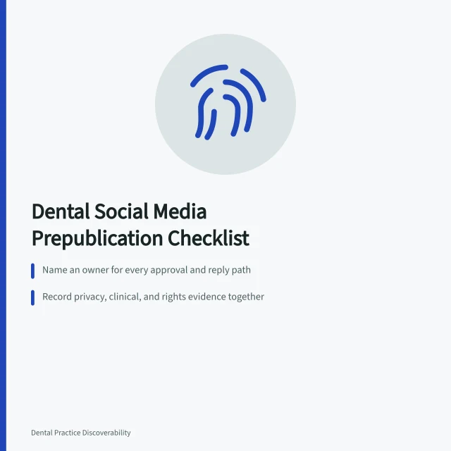 Checklist card for dental social media prepublication review and approval. Dental Social Media Checklist for Prepublication Review