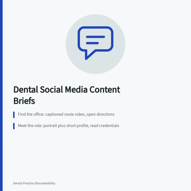 Card listing dental social media content briefs with formats and next steps. A closer look at dental social media examples, 2027 edition