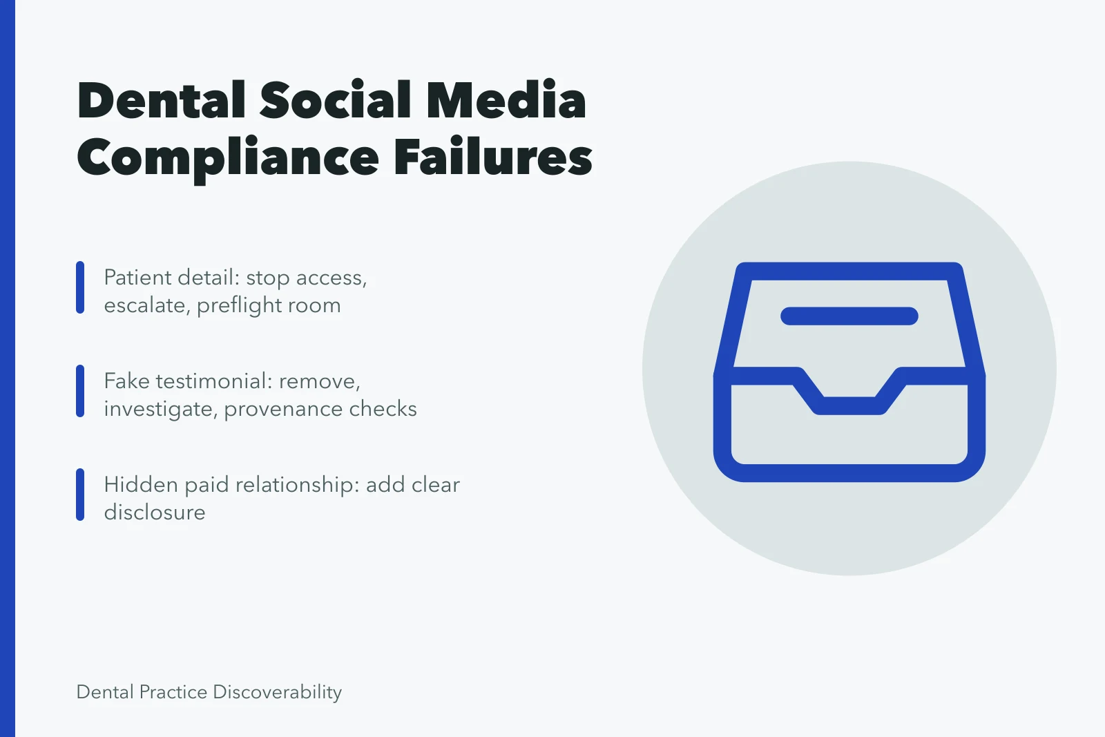 Card listing dental social media compliance mistakes and immediate responses. Dental social media mistakes: recording a correction