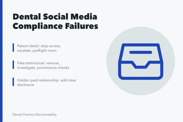 Card listing dental social media compliance mistakes and immediate responses. Dental social media mistakes: recording a correction