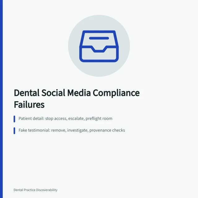 Card listing dental social media compliance mistakes and immediate responses. Dental social media mistakes: recording a correction