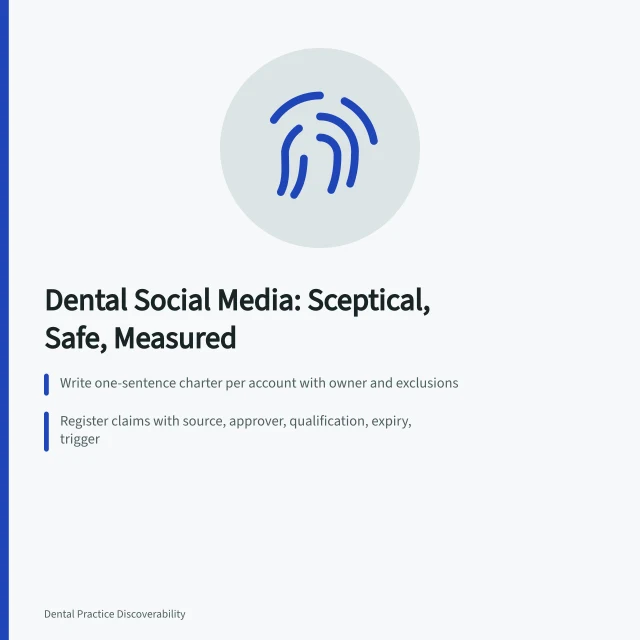 Card on dental social media charters, claim registers, and patient privacy safeguards. Reading dental social media with a sceptical eye