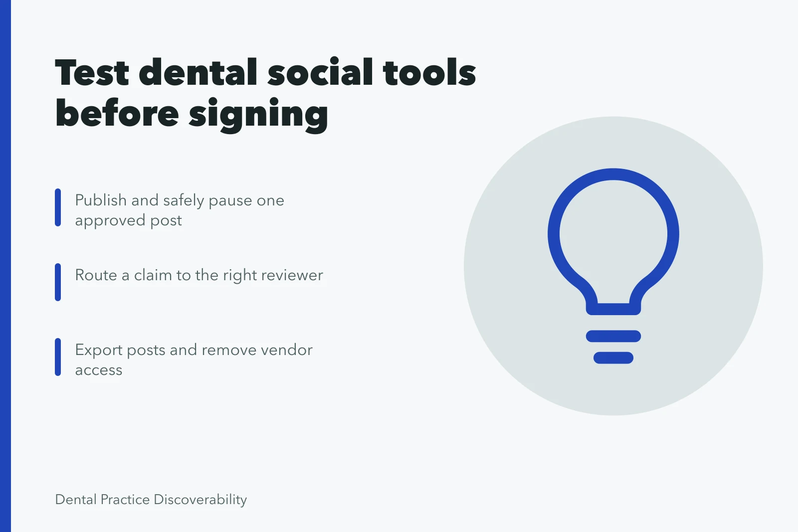 Card listing dental social media tool trial tasks and exit checks. Dental social media tools: options and buying checks