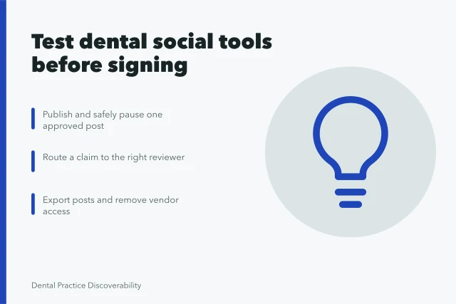 Card listing dental social media tool trial tasks and exit checks. Dental social media tools: options and buying checks