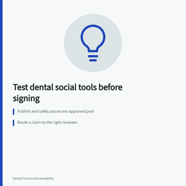 Card listing dental social media tool trial tasks and exit checks. Dental social media tools: options and buying checks