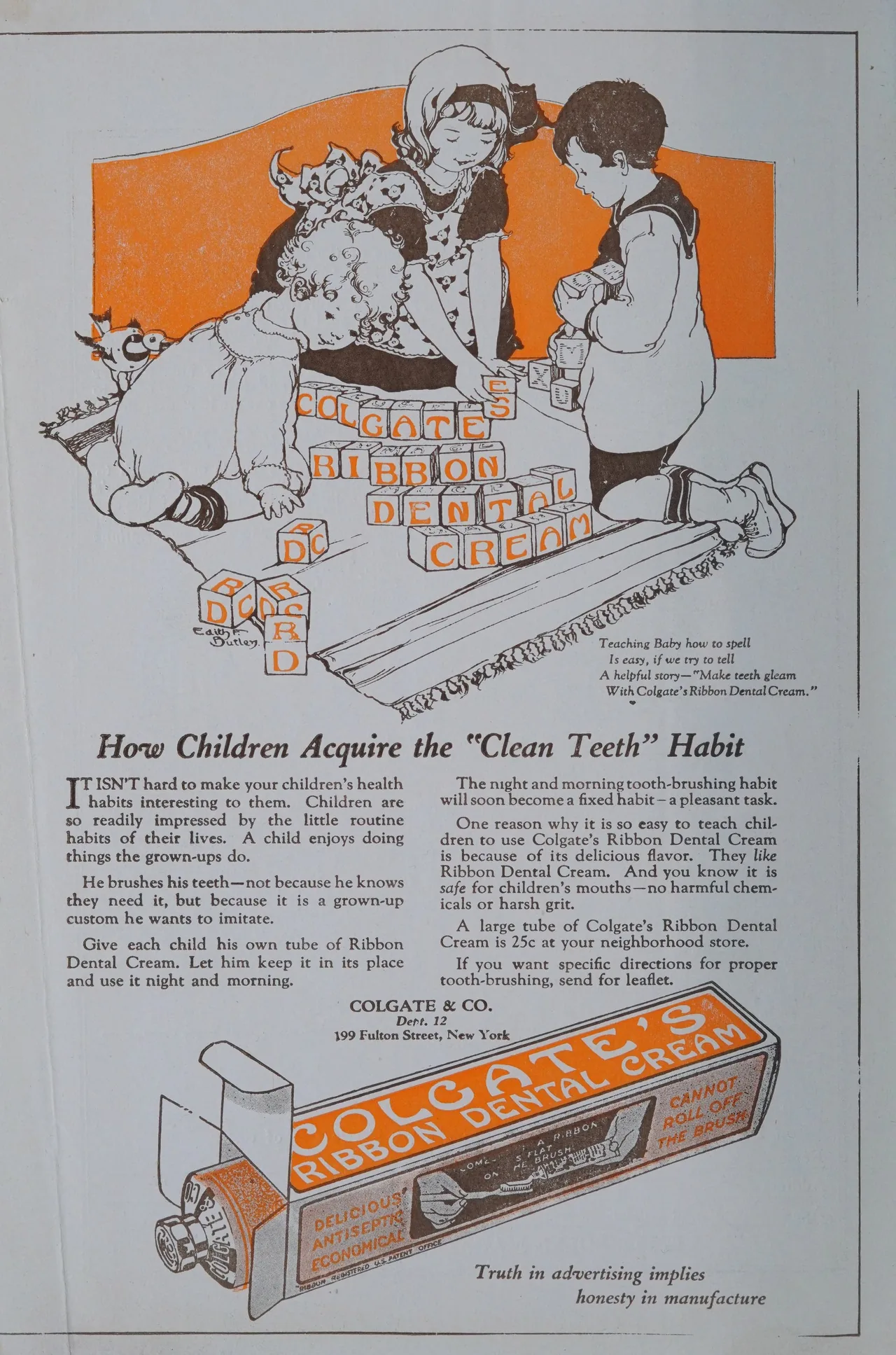 A 1921 magazine advertisement for dental cream with an illustrated family scene.