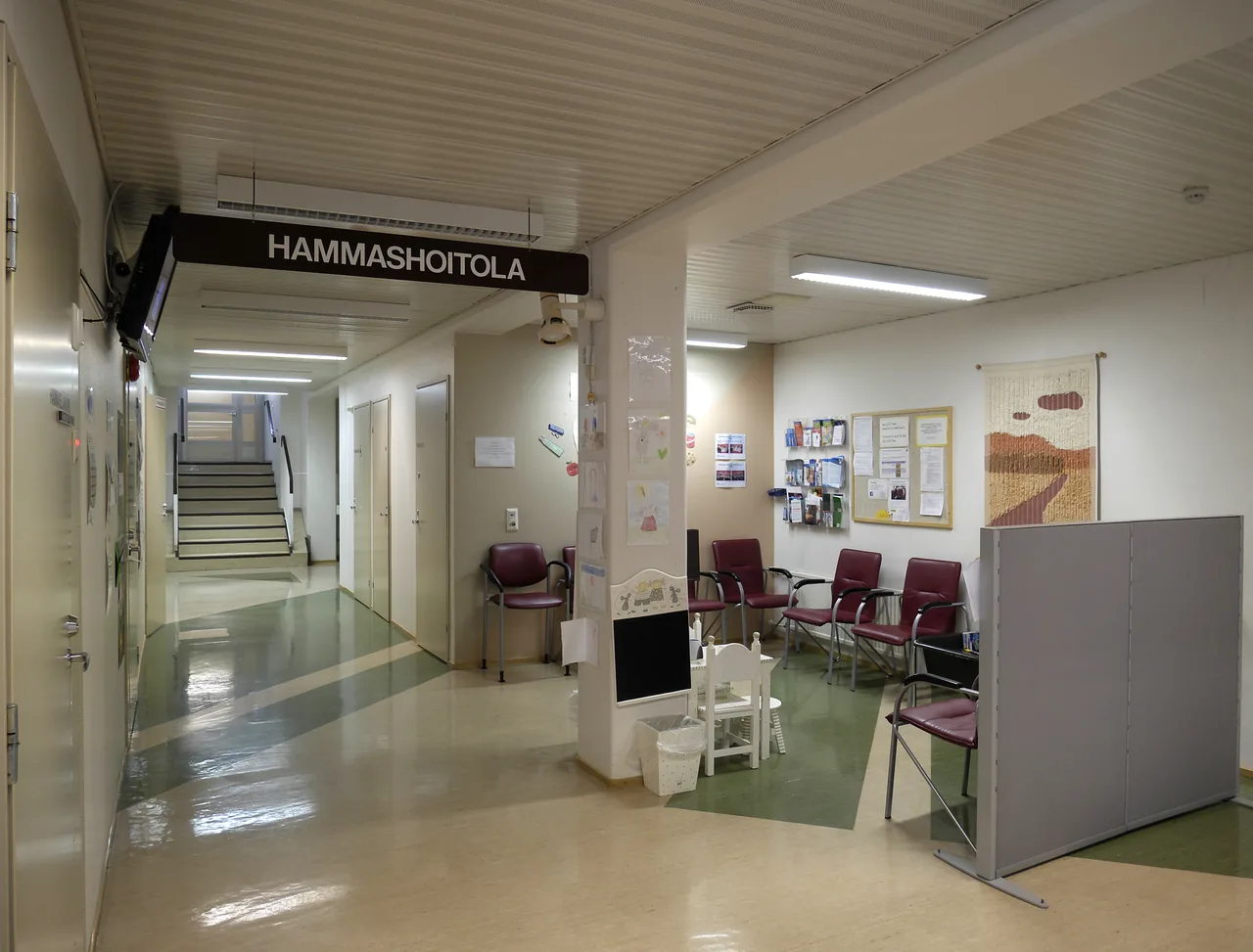 A dental clinic waiting area and corridor in Lappajarvi, Finland.
